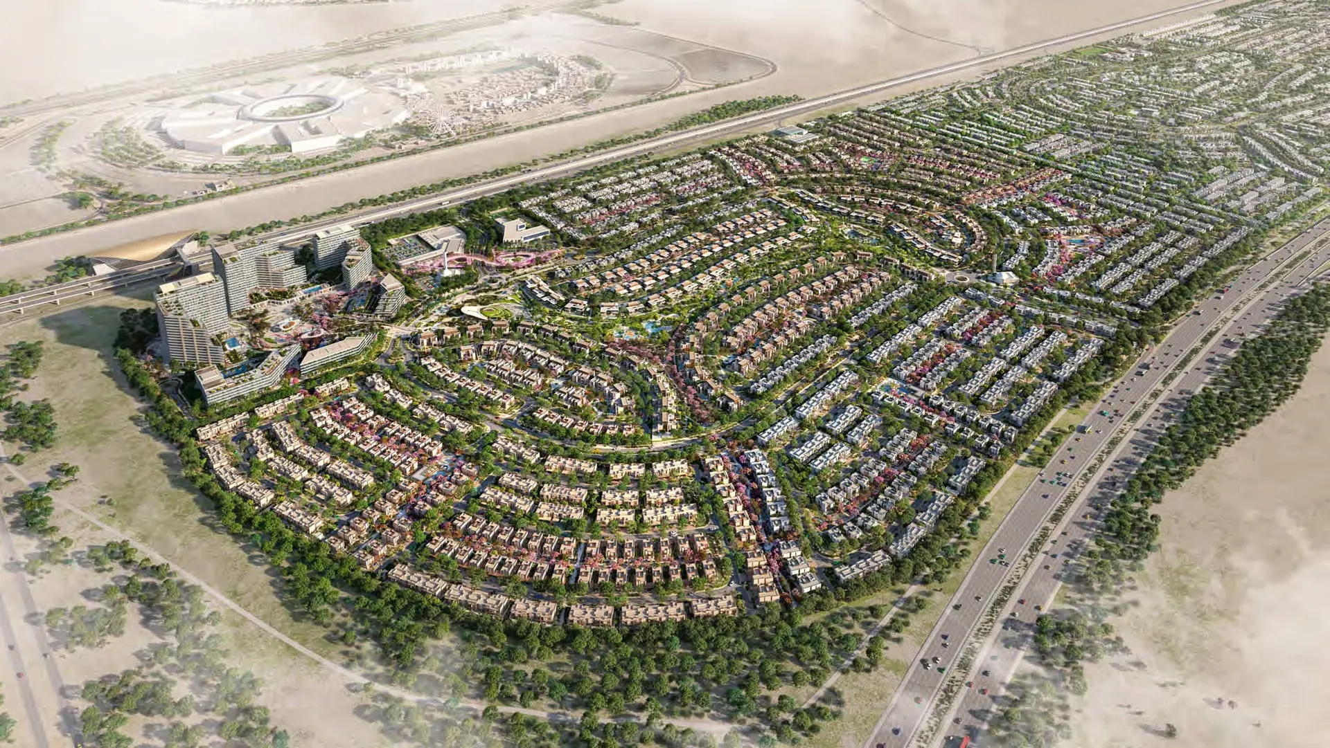 Daytime aerial of the Athlon by Aldar master community in Dubailand, with landscaped villa streets and apartment buildings.